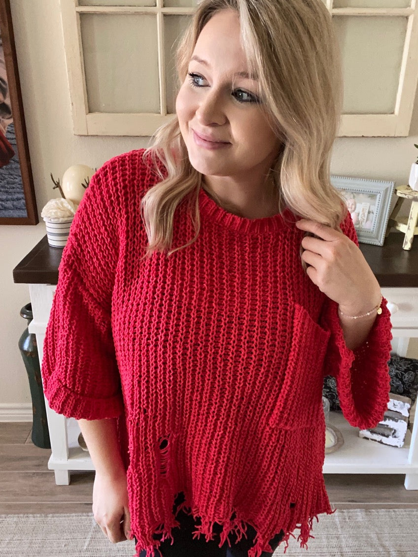 The Best Is Yet To Be Red Distressed Sweater